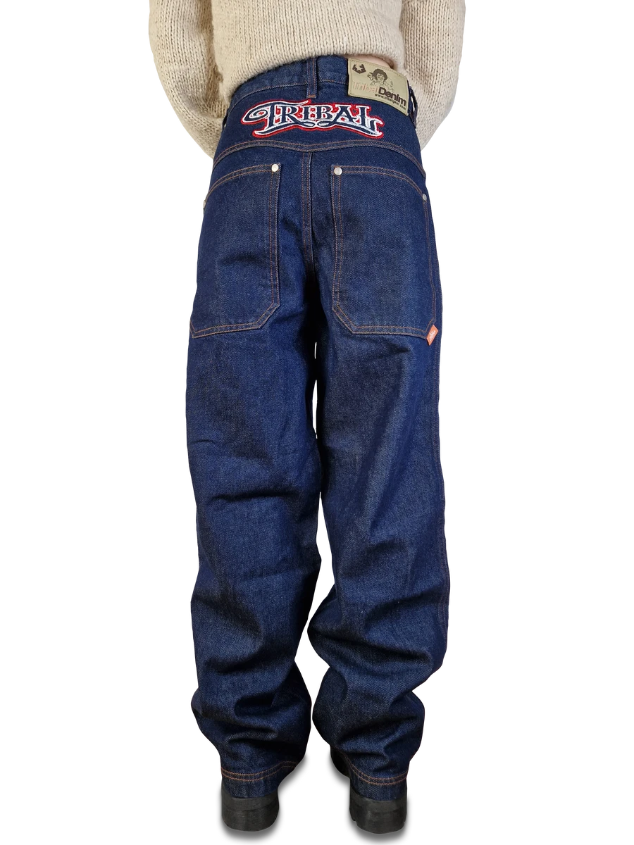 Y2K Tribal Denim Jeans Deadstock Baggy Backstitching XS-M 3 Y2K Tribal Denim Jeans Deadstock Baggy Backstitching XS-M