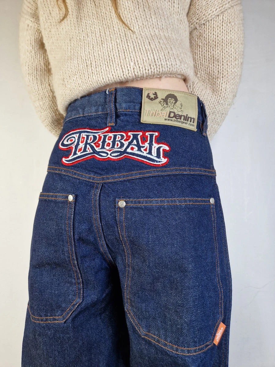 Y2K Tribal Denim Jeans Deadstock Baggy Backstitching XS-M 4 Y2K Tribal Denim Jeans Deadstock Baggy Backstitching XS-M – Bild 2