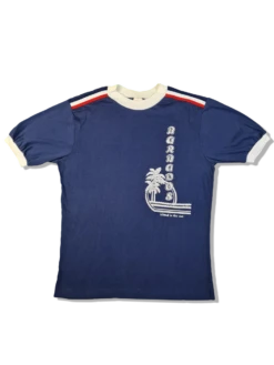 Vintage Russel Ringer Shirt 70s Tourist Barbados Single Stitched Blau Weiß M-L