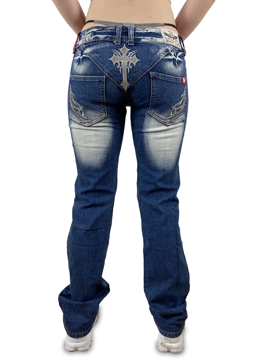 Y2K Crazy Age Jeans Low Waist Tribal Blau S-M 3 Y2K Crazy Age Jeans Low Waist Tribal Blau S-M